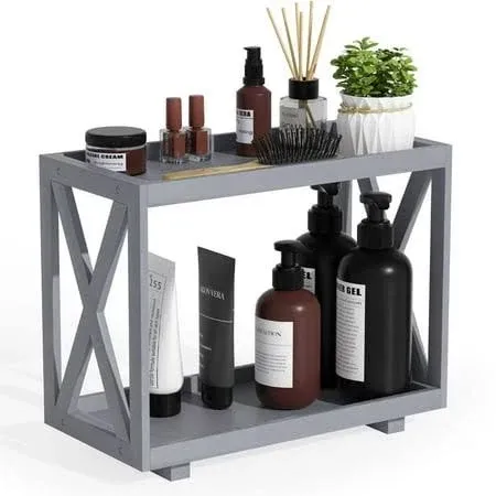 Tikea Bathroom Organizer Countertop, 2-Tier Bathroom Tray, Rustic Wood Vanity Organizer, Cosmetics Skincare Perfume Storage, for Kitchen, Bathroom, Dresser, Counter Decor (White)