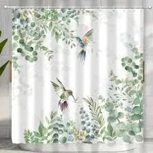 Hummingbird Sage Green Eucalyptus Leaves Shower Curtain, Spring Summer Botanical Floral Bird Home Bathroom Decor, Polyester Cotton Fabric Waterproof Modern Bath Curtain with 12 Hooks 72x72 Inch