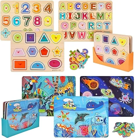 Wooden Toddler Puzzles (6-Pack) and Storage Rack, Peg Puzzles, Alphabet, Numbers, Shapes, Animals