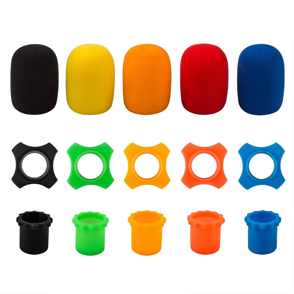 findTop Shakeproof Anti-Rolling Wireless Handheld Microphone Protection Silicone Ring (5 PCS), Bottom Rod Sleeve Holder (5 PCS), Windscreen Foam Cover (5 PCS) for KTV Device, Assorted Colors