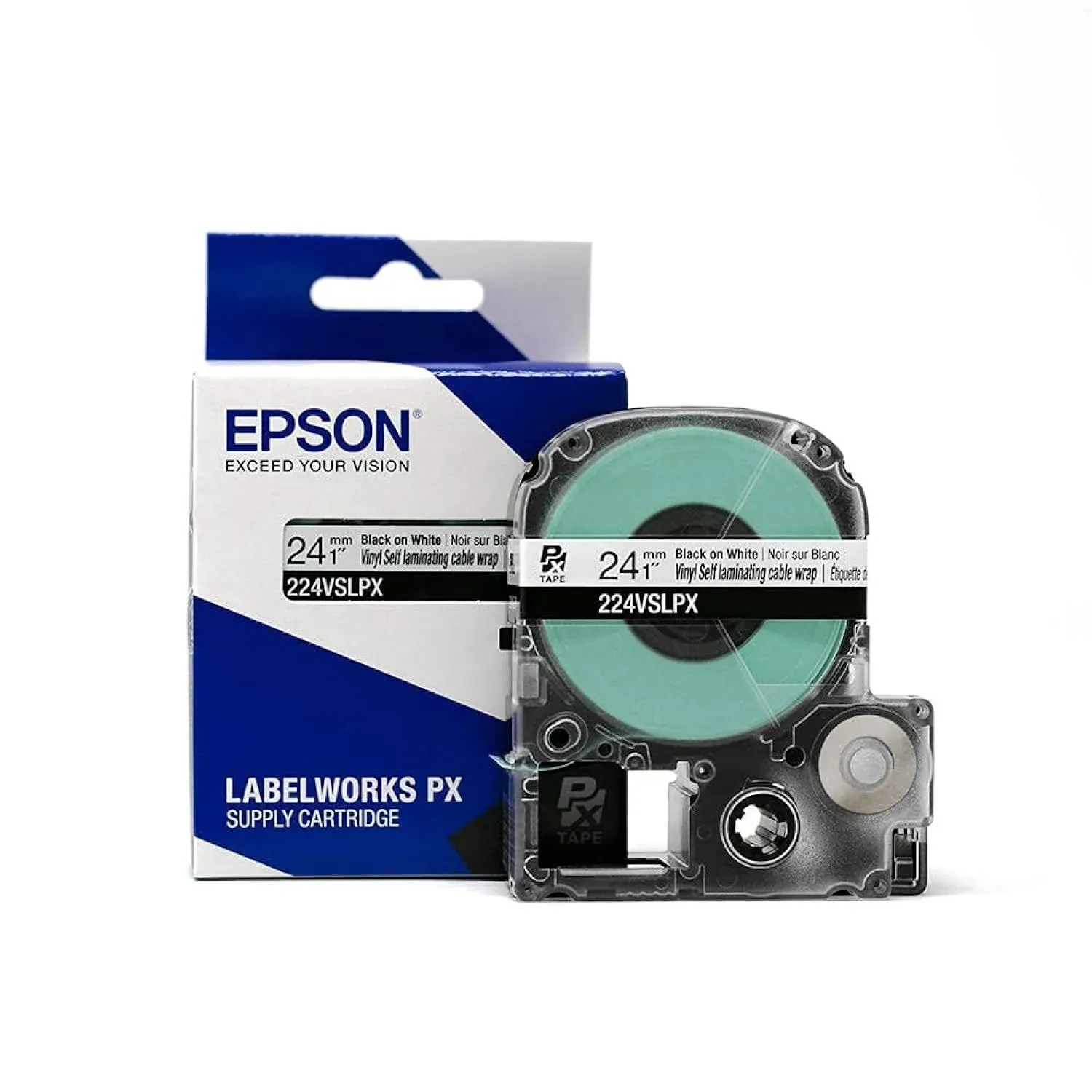 Epson LABELWORKS 224VSLPX Tape Cartridge - Black on White Vinyl Self Laminating Overwrap Industrial Label Maker Tape - 1" (24MM) Wide, 26.2 ft