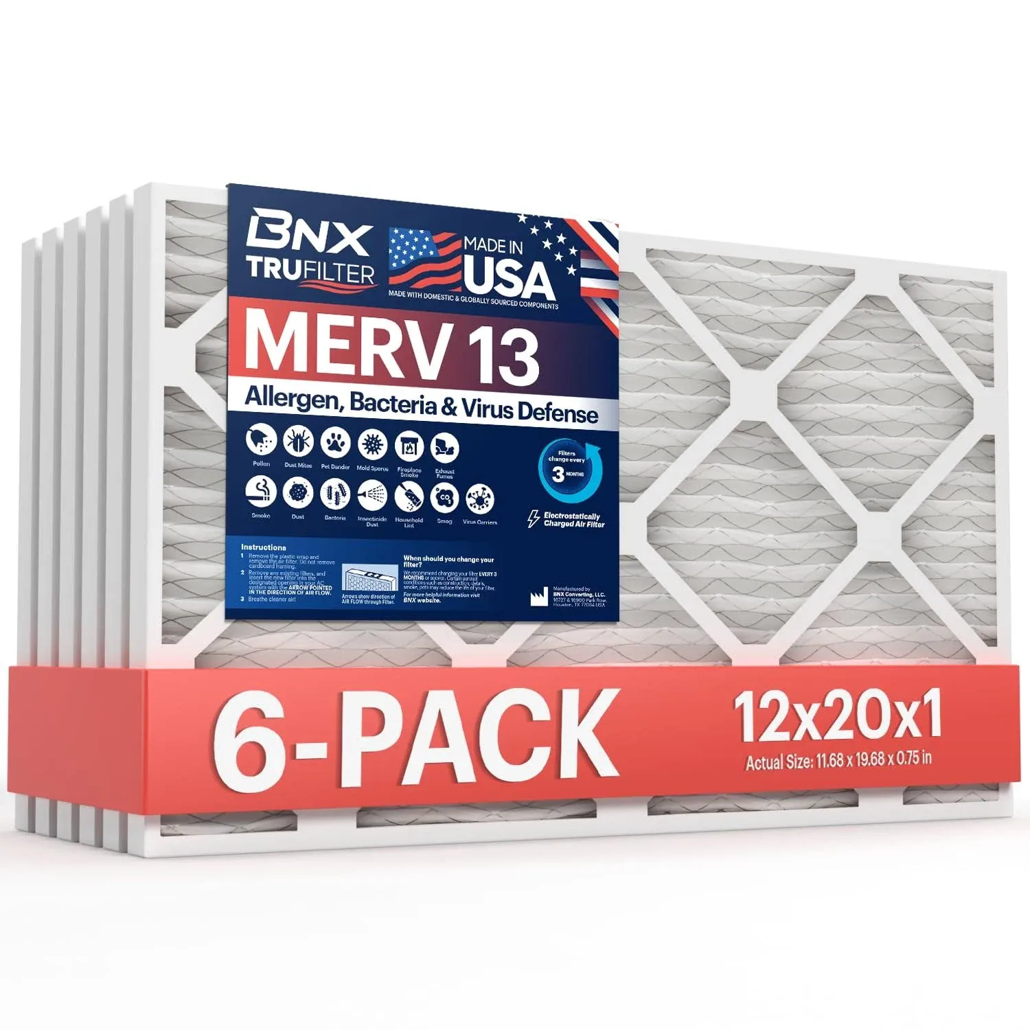 BNX TruFilter 12x20x1 Air Filter MERV 13 (6-pack) - Made in USA - Electrostatic Pleated Air Conditioner HVAC AC Furnace Filters