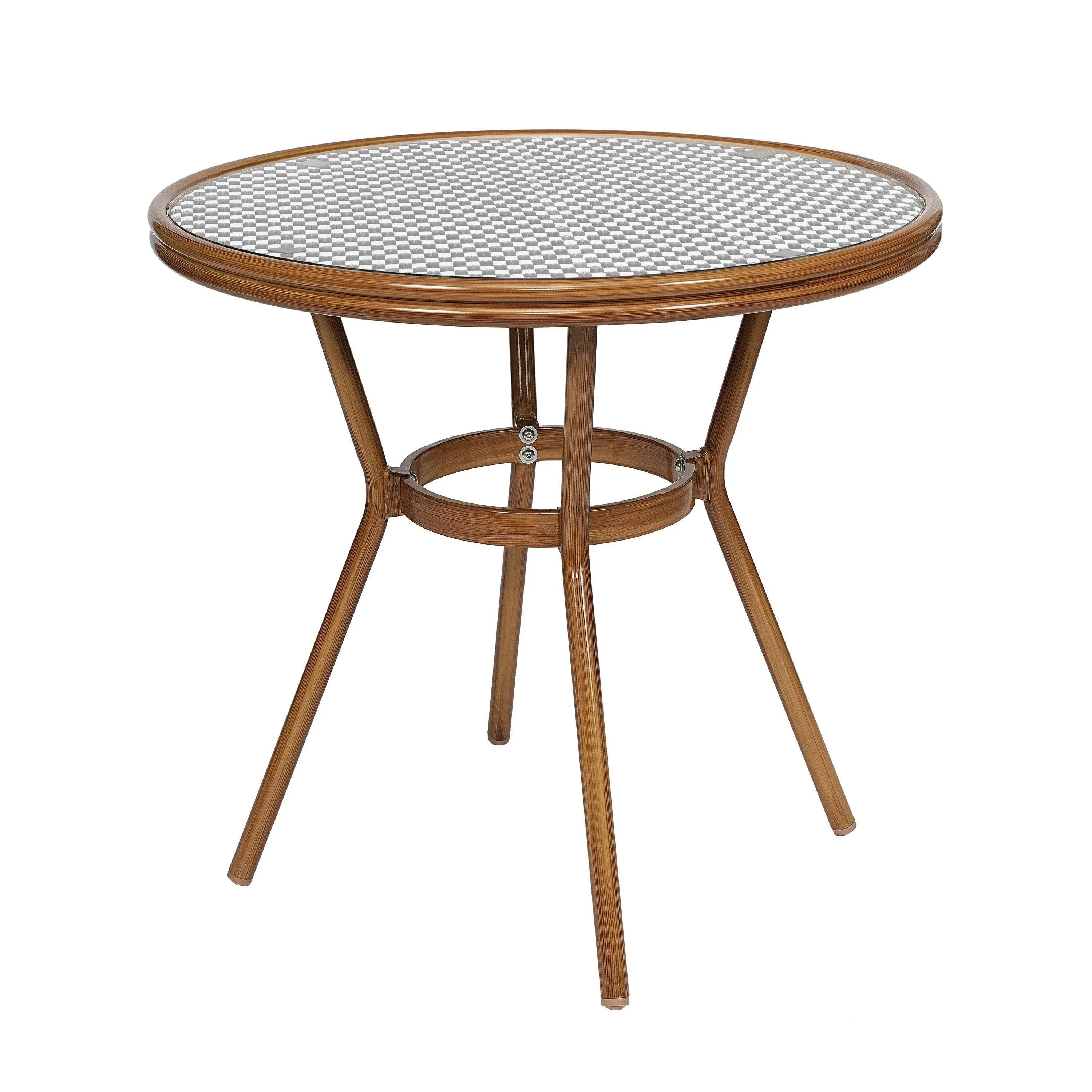 Flash Furniture Lourdes Indoor/Outdoor Commercial French Bistro Table, PE, Glass Top, Bamboo Print Aluminum, 31.5" Round, Black & White Rattan/Natural