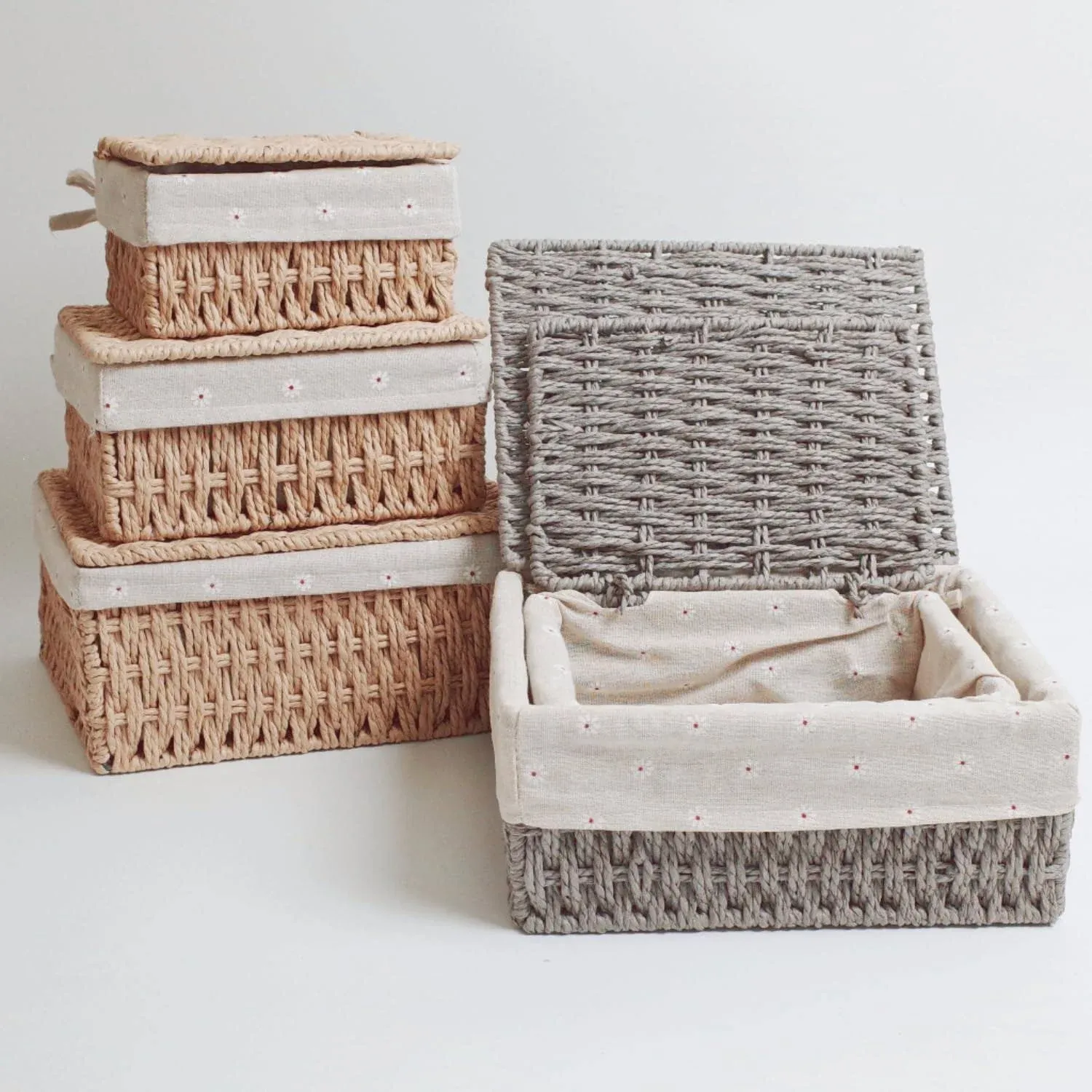 Wicker Shelf Basket with Lid Paper Storage Baskets for Shelves Medium Storage Bin with Removable Liner Nesting Decorative Woven Basket for Makeup Closet Organizer (Medium, Khaki)