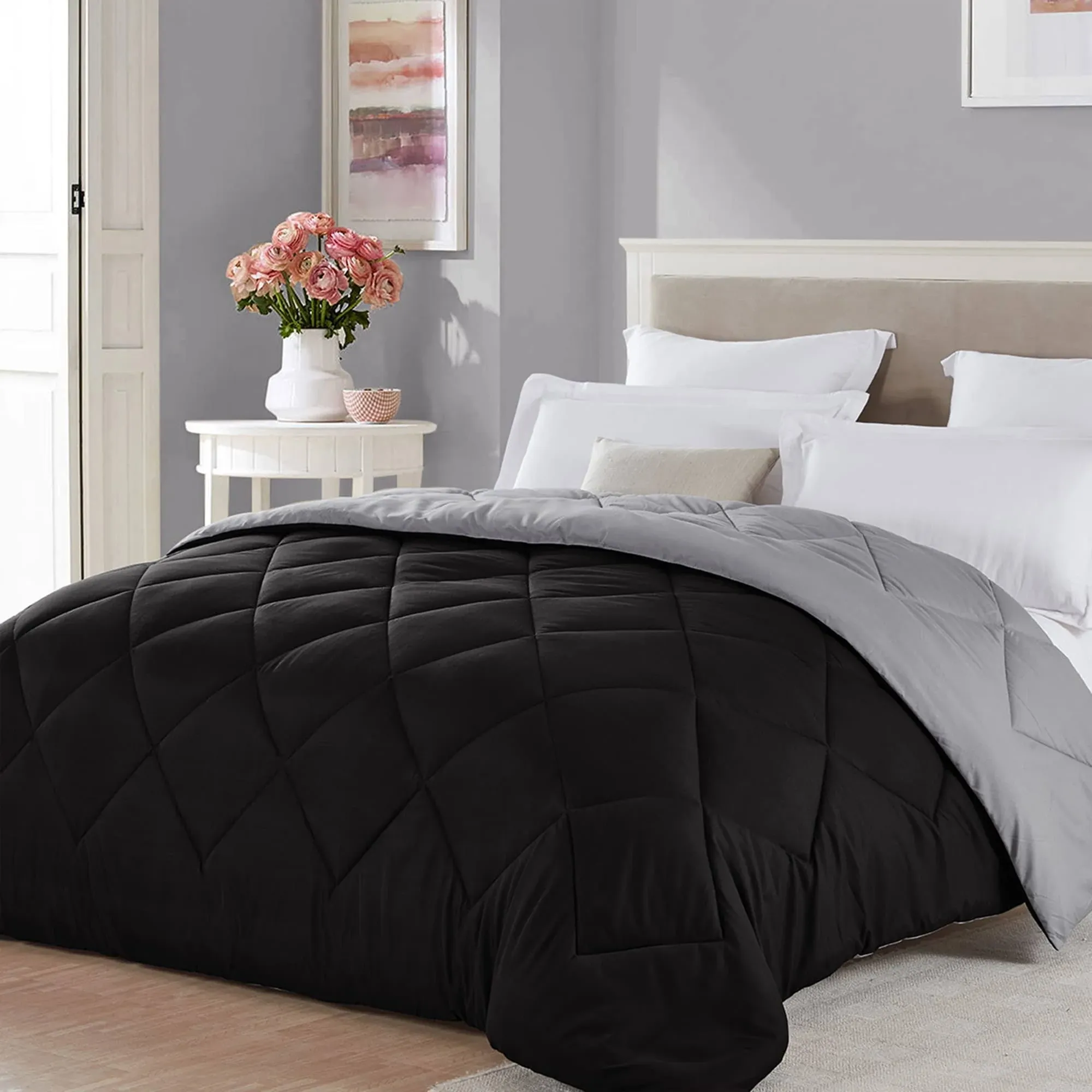 Seward Park Reversible Comforter Microfiber Fill Cooling Summer Lightweight Quilt King Size Black/Grey