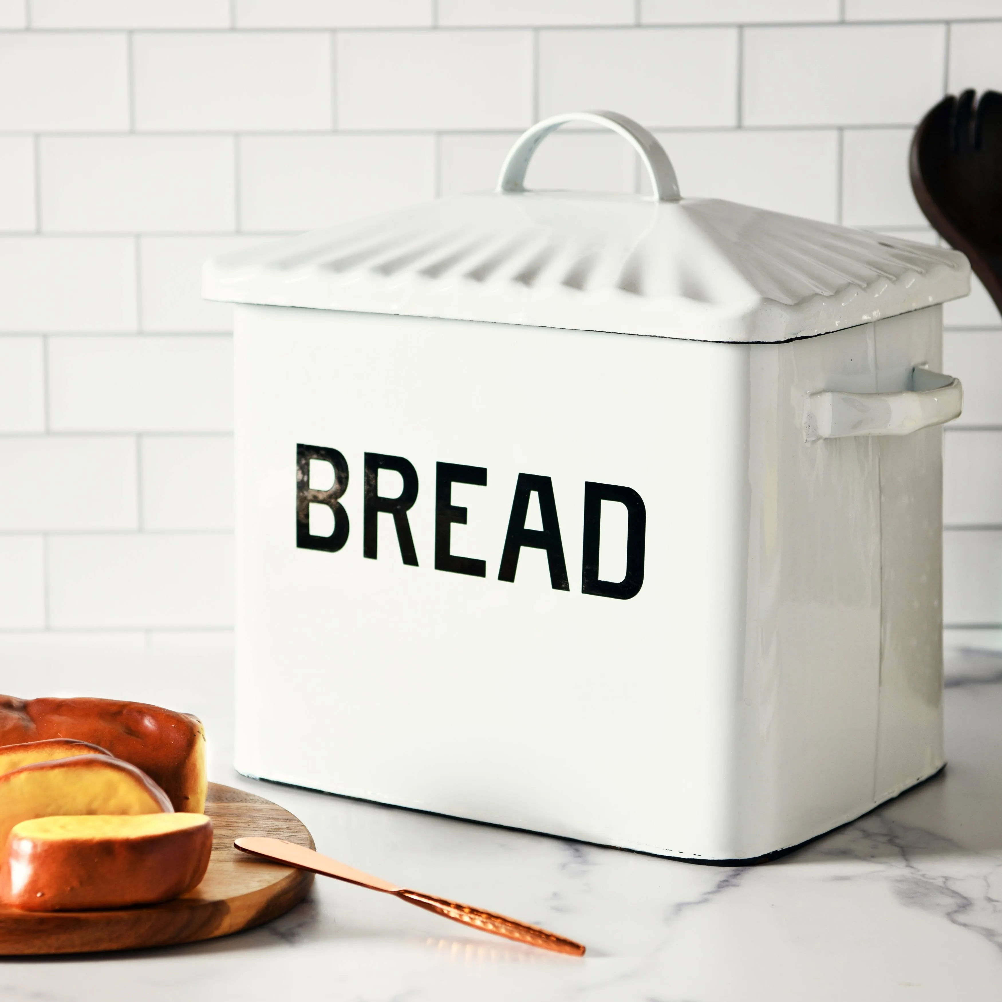 Metal Bread Box with Lid and Handles; Rustic Farmhouse Storage for Kitchen,White