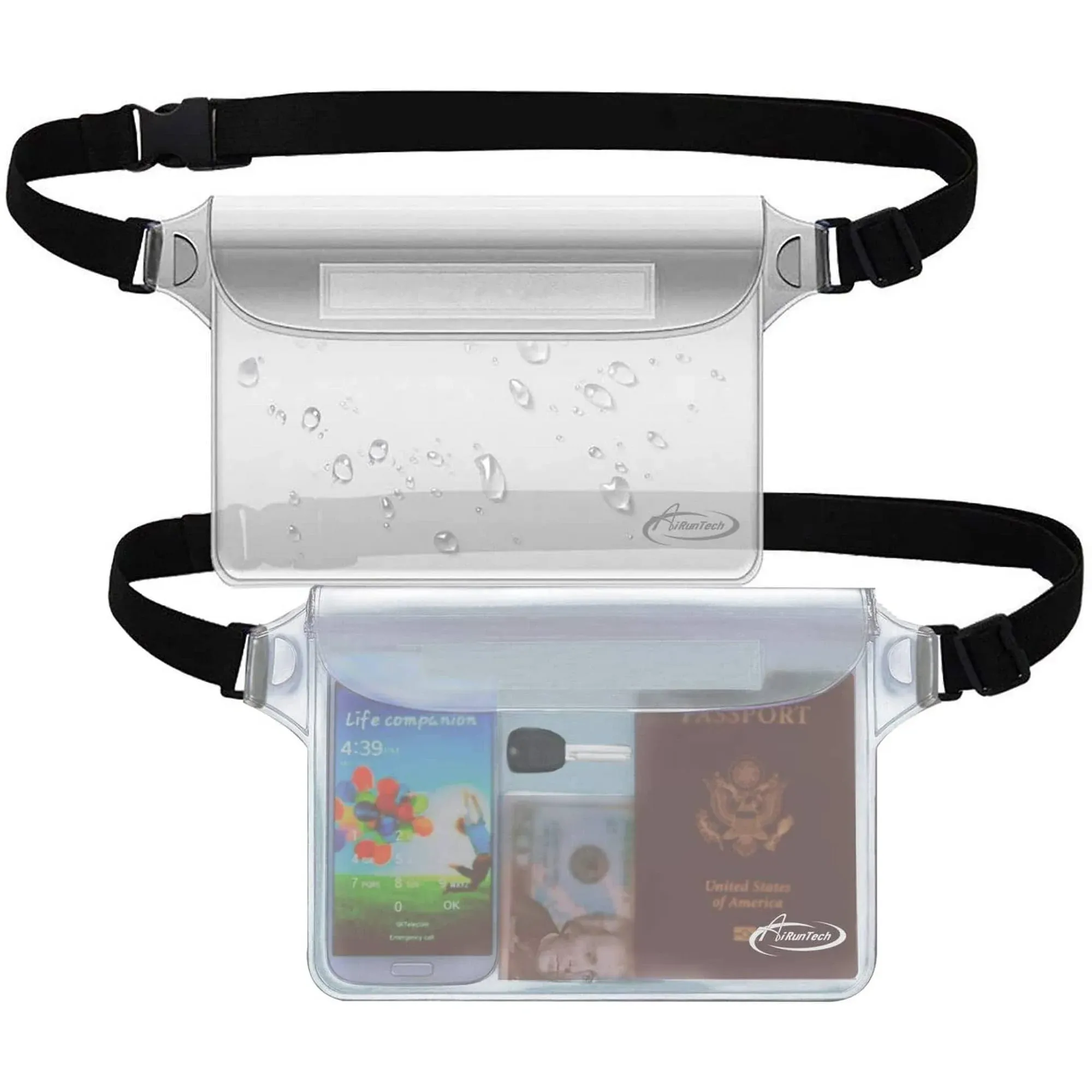 AiRunTech Waterproof Pouch with Waist Strap (2 Pack) | Beach Accessories Best Way to Keep Your Phone and Valuables Safe and Dry | Perfect for Boating Swimming Snorkeling Kayaking Beach Pool Water Parks