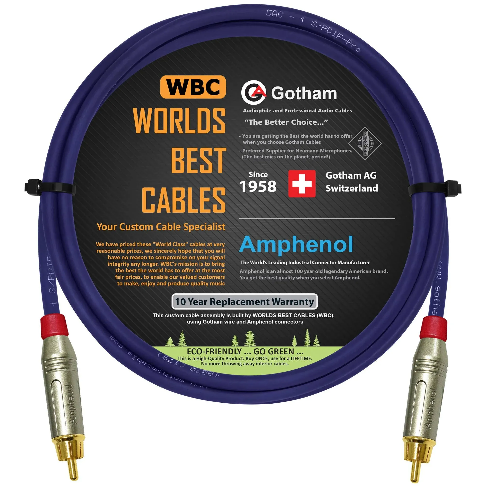 WORLDS BEST CABLES 3.5 Foot SPDIF Cable – Gotham GAC-1 S/PDIF-Pro (Ultrablue) High-End Silver Plated LCOFC Digital Audio Interconnect Cable & Amphenol ACPR-SRD Gold RCA Plugs - Custom Made