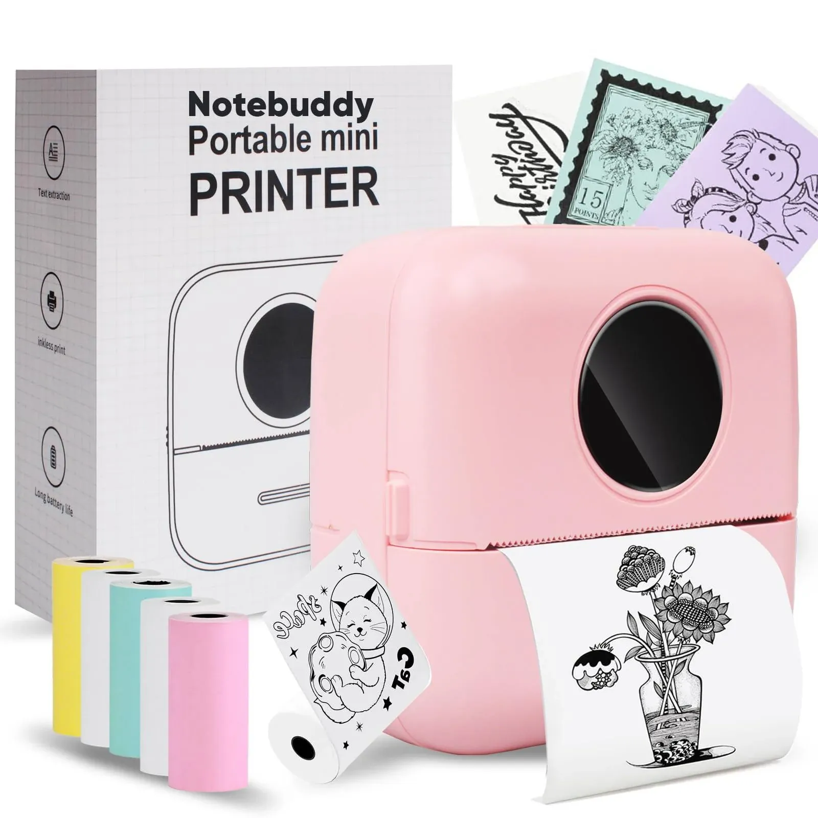 BRONA Notebuddy Mini Portable Printer Bluetooth Smart Pocket Inkless Thermal Printer with 5 Roll Papers for Journal/DIY Scrapbook/Travel/Notes