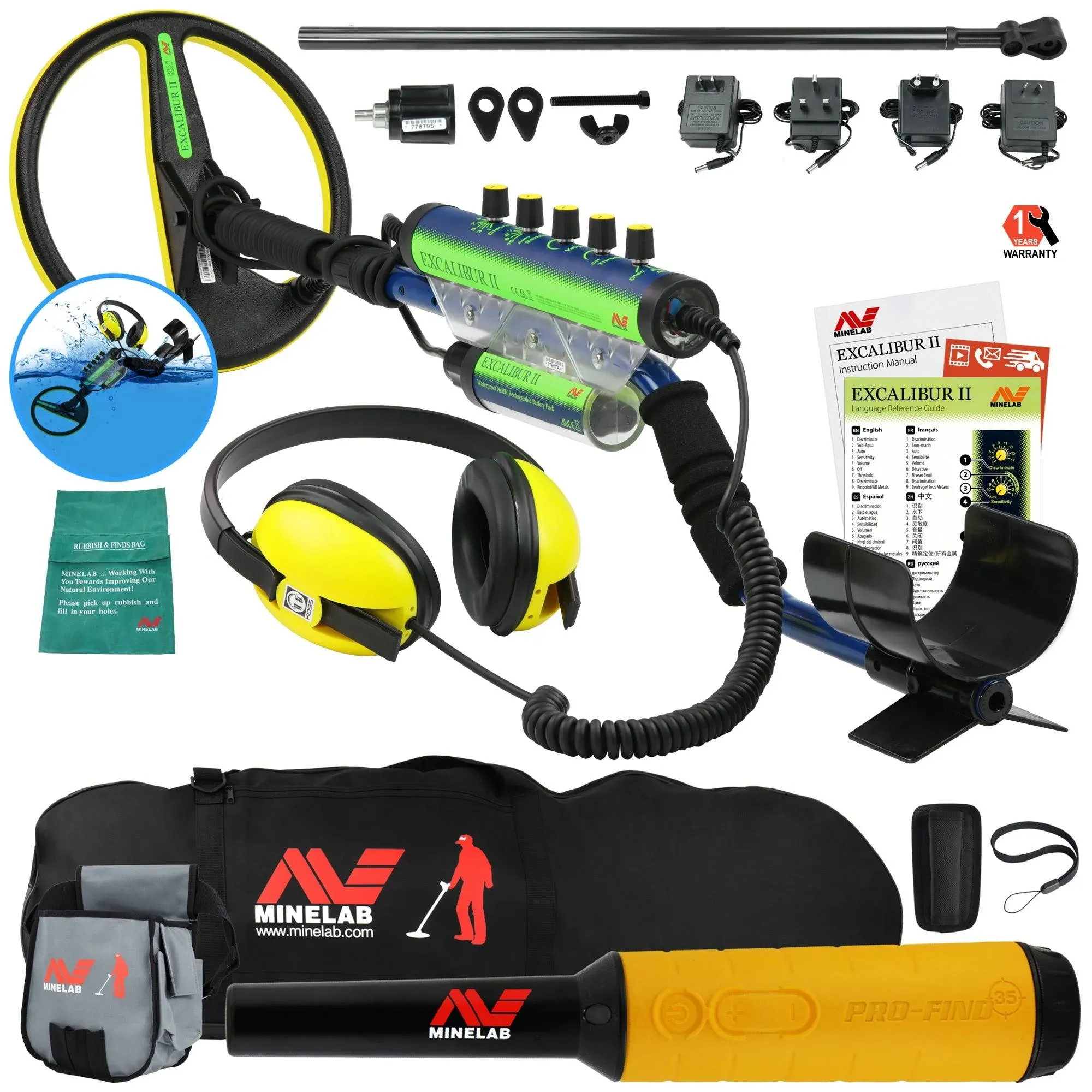 Minelab Excalibur II 1000 Waterproof Detector Bundle w/Pro Find 35, Carry Bag, P