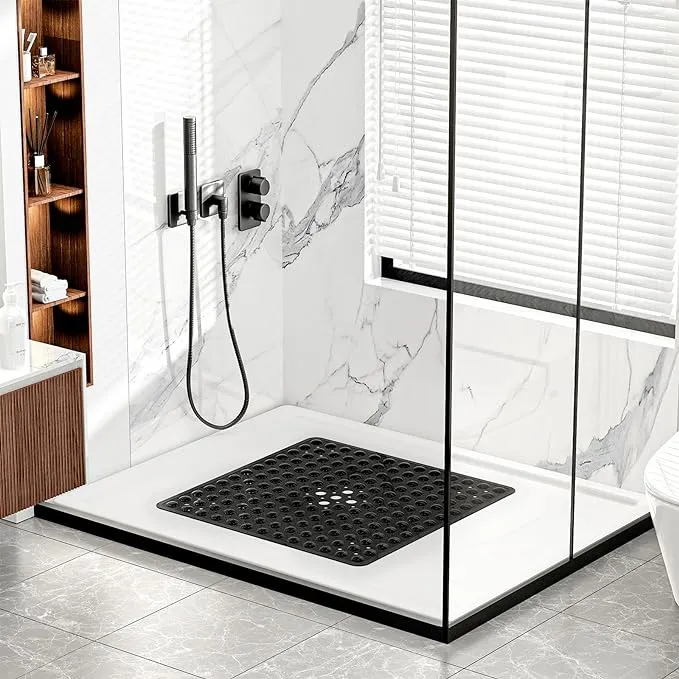 XIYUNTE Square Shower Mat Non Slip - 21 x 21inch Square Bath Shower Tub Mat, Square Bath Mats for Shower, Non Slip Bathtub Mats with Suction Cups and Drain Holes, Machine Washable, Black