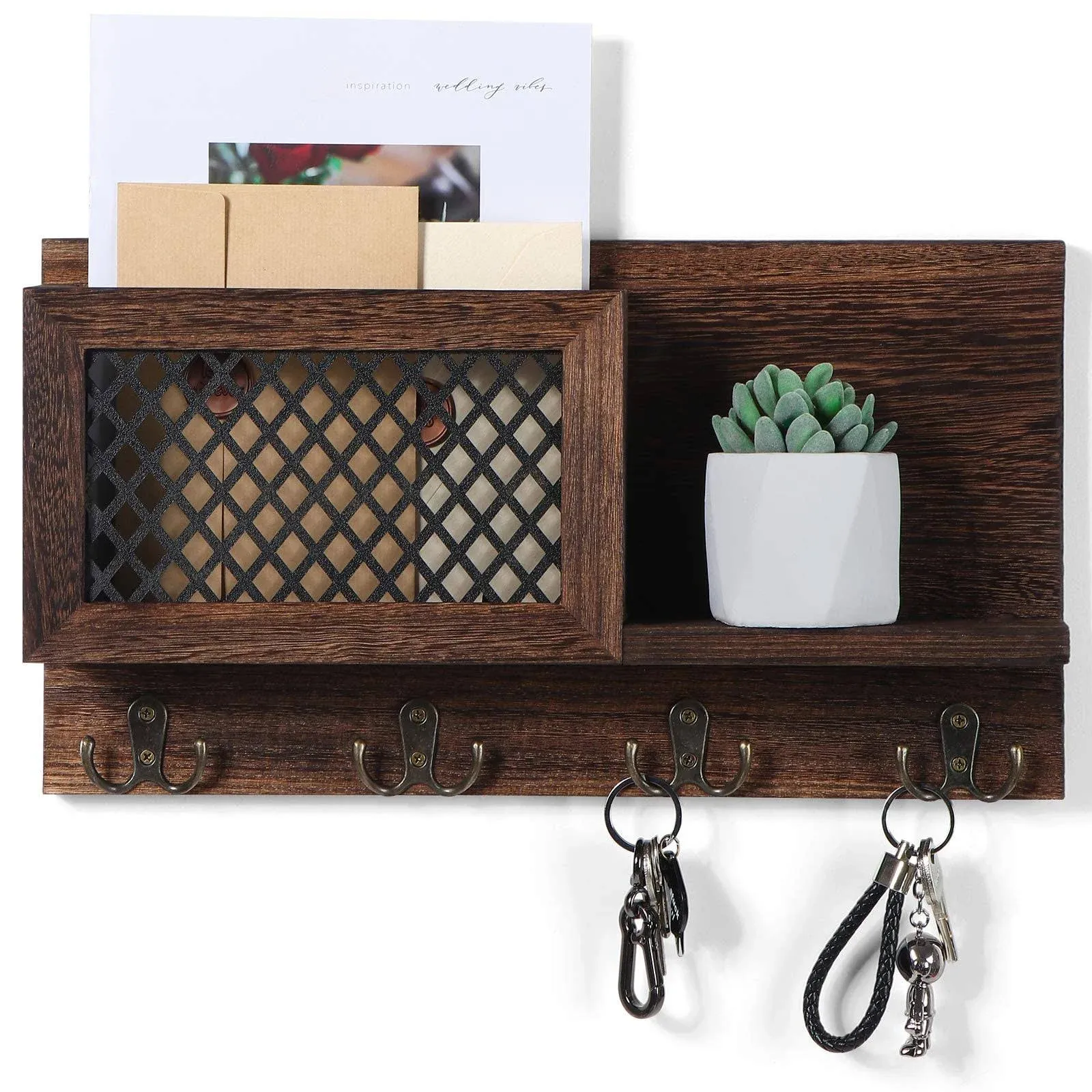 Key and Mail Holder for Wall, Rustic Mail Organizer Wall Mount, Wooden Letter Sorter Organizer with 4 Key Hooks, for Hallway Kitchen Farmhouse Decor (16.5” x 9.1” x 3.4”)