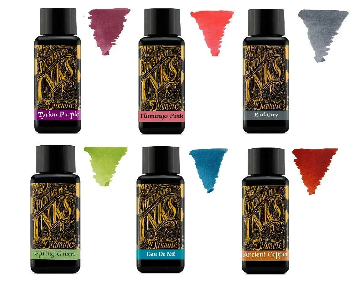 Diamine - 30ml Fountain Pen Ink - Color Wheel - 6 Pack - Tyrian Purple, Flamingo Pink, Earl Grey, Spring Green, Eau de Nil, Ancient Copper