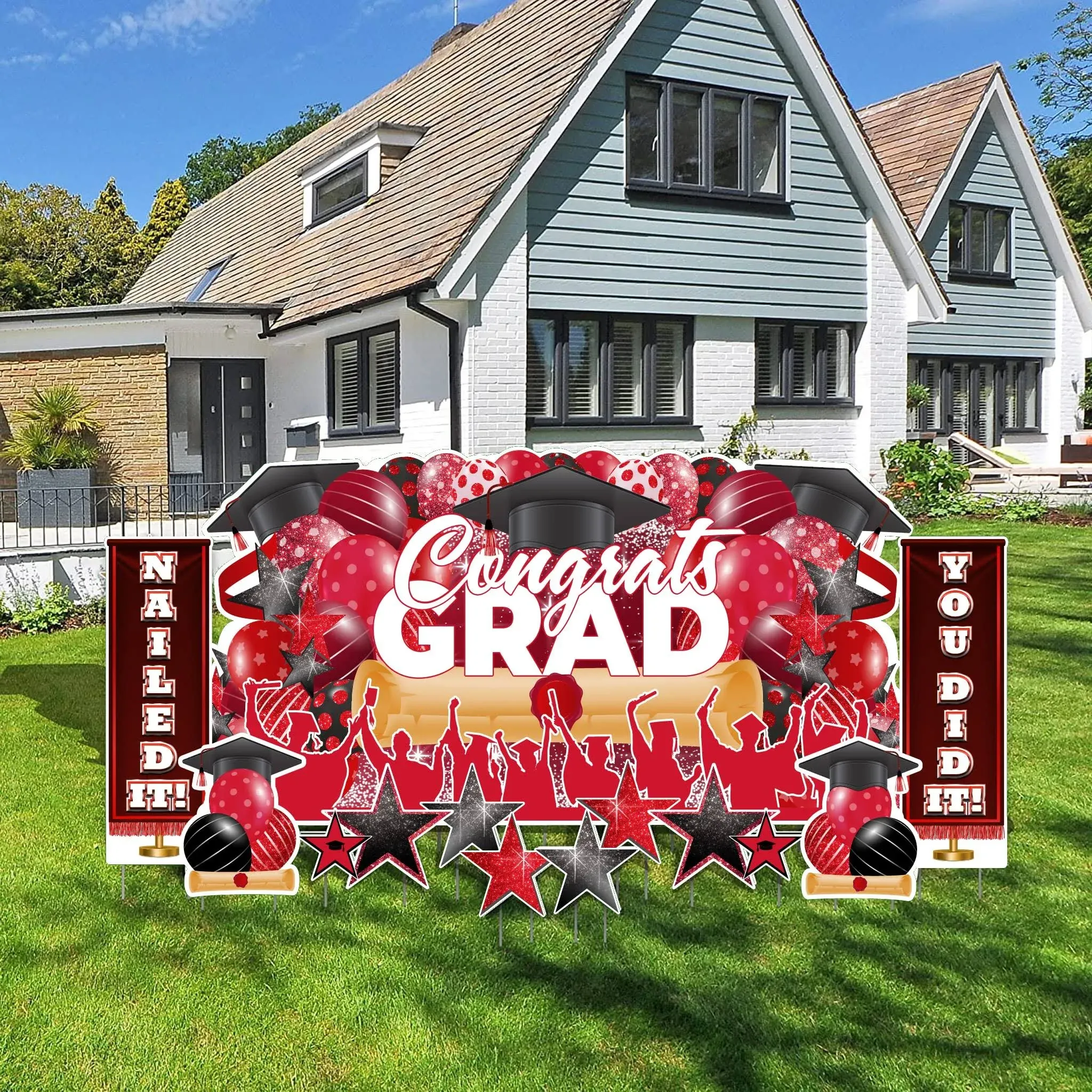 Red Oversized Congrats Grad,  Graduation Yard Sign Display | 11pc Grad Party