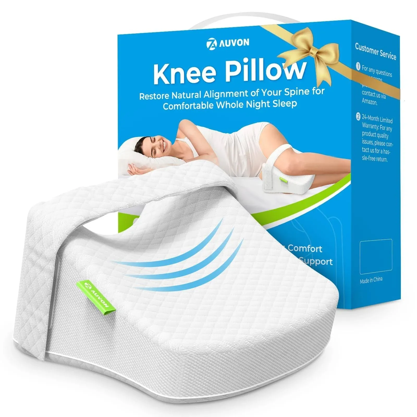 AUVON Contoured Leg Knee Pillow for Side Sleepers Seelping, Cooling Memory Foam Leg Pillow for Sciatica, Back, Knee and Joint Pain Relief, Helps Spine Alignment, FSA HSA Eligible Hip Pillow with Strap