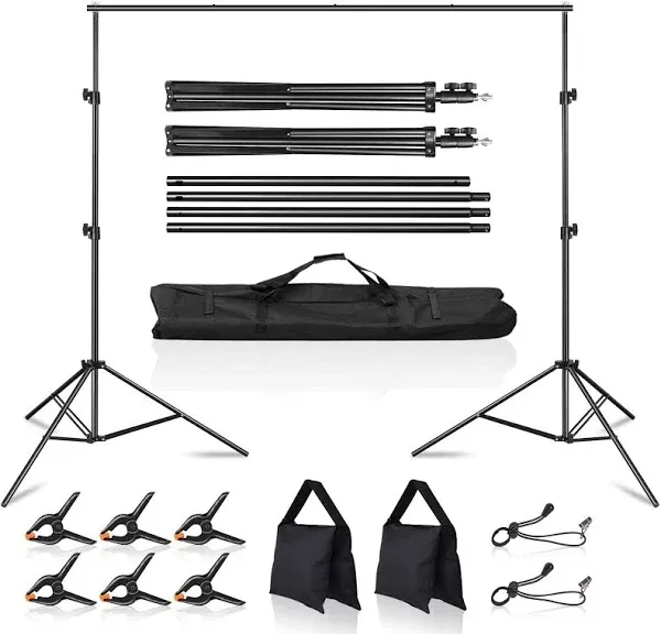 Photo Backdrop Stand Kit 10ft X 7.5ft, Adjustable Background Stand, Backdrop Support System for Studio Portrait Photoshoot, Wedding Parties, with Clamps, Sandbags, Clips, Carrying Bag