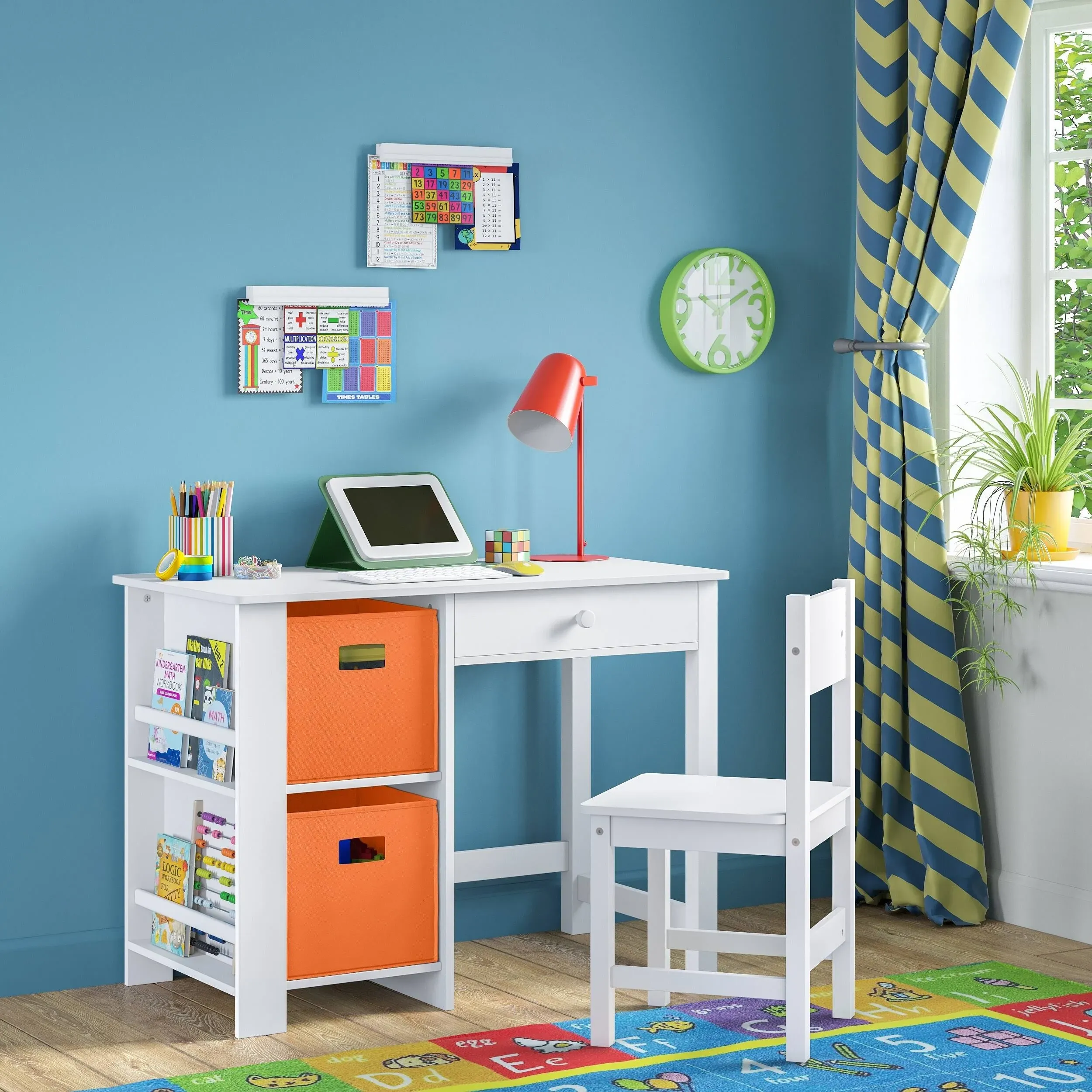 RiverRidge Home 2-Piece Kid Desk and Chair Set with Cubbies and Bookracks in White