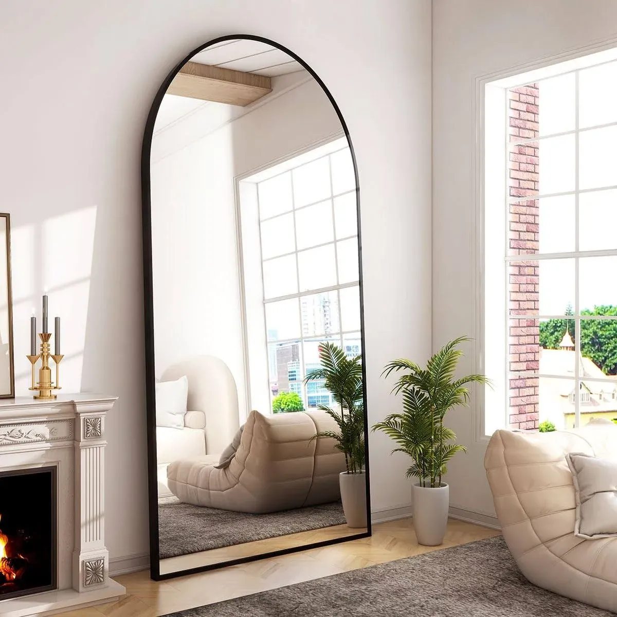 GLSLAND-34x76 inch Wall Mount Arched Full Length Mirror-Aluminum Alloy Frame High Definition-Full Body Mirror for Bedroom or Living Room,Black