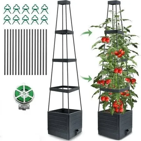 MQFORU Tomato Planter with Trellis, 57" Raised Garden Bed Planters Box for Climbing Vegetables Plant, Self Watering Tomato Support Cages for Garden Pots, Use for Patios Greenhouse Indoor Outdoor（1Pc）