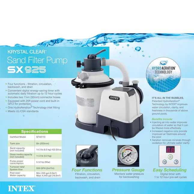 INTEX SX925 Krystal Clear Sand Filter Pool Pump for Above Ground Pools: 925 GPH Pump Flow Rate – Improved Circulation and Filtration – Easy Installation – Improved Water Clarity – Easy-to-Clean