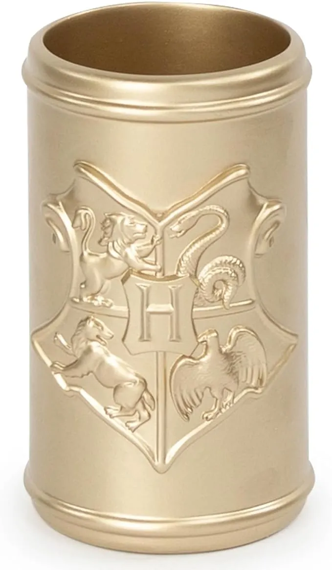 Jay Franco Harry Potter Bathroom Tumbler - Gold Resin Toothbrush/Pen Holder Features Hogwarts Crest - Bathroom Décor