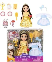 Disney Princess Belle Doll Be Our Guest Petite Belle Doll with Mrs. Potts & Lumiere, in Yellow Ball Gown and Blue Village Dress Fashions