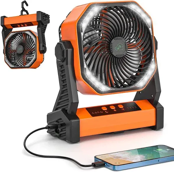 Creiv Camping Fan for Tent with LED Lantern 20000mAh 58hs Battery Operated Portable Fan - 270° Pivot, 4 Speeds Battery Rechargeable Fan with Hanging Hook for Travel Car, Tent, Outdoor(black)