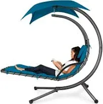 Best Choice Products Hanging Curved Chaise Lounge Chair Swing for Backyard, Patio w/ Pillow, Shade, Stand - Black