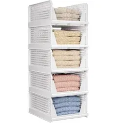 5 Pack Folding Closet Organizers Storage Box, Stackable Plastic Basket - White