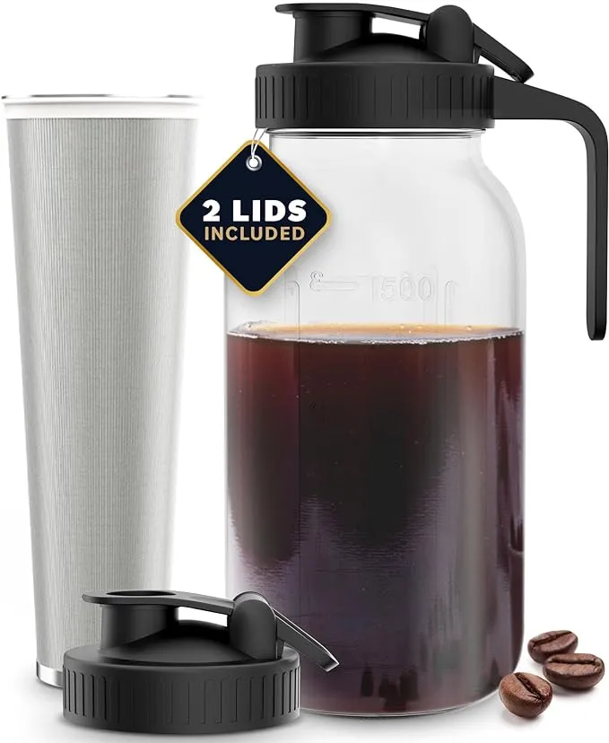 Cold Brew Coffee Maker with Heavy Duty Glass Body & 2 Lids - Iced Tea Machines with Stainless Steel Filter - Iced Coffee Maker - Cold Brew Mason Jar Pitcher with Flip Cap Lid (64 oz / 2 quart, Black)