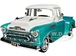 1957 Chevrolet 3100 Stepside Pickup Truck Lowrider Turquoise Metallic and White with White Interior "Get Low" Series 1/24 Diecast Model Car by Motormax