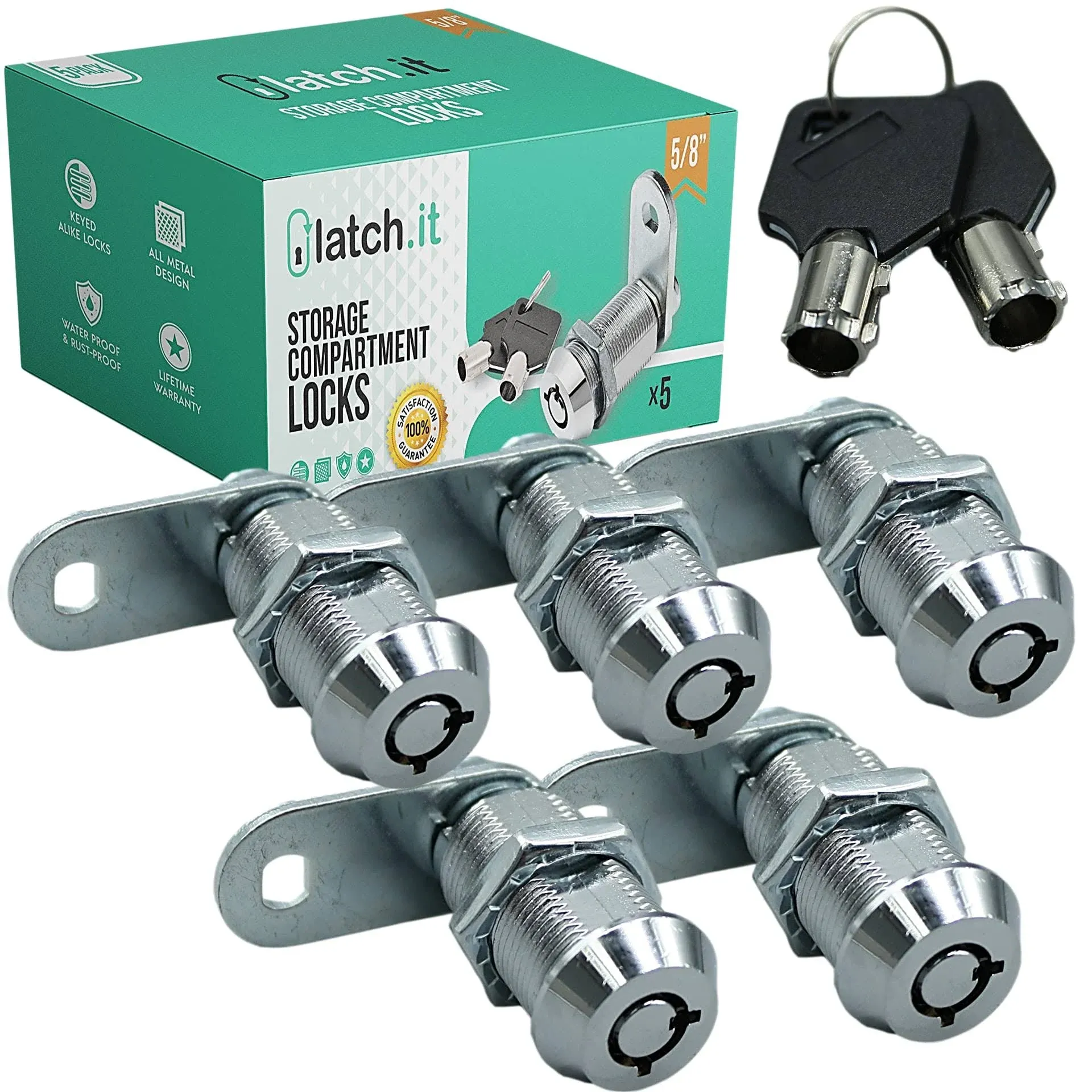 LATCH.IT RV Compartment Door Lock 1-1/8 inch 5 Pack | Chrome | Cylindrical Keys, Silver