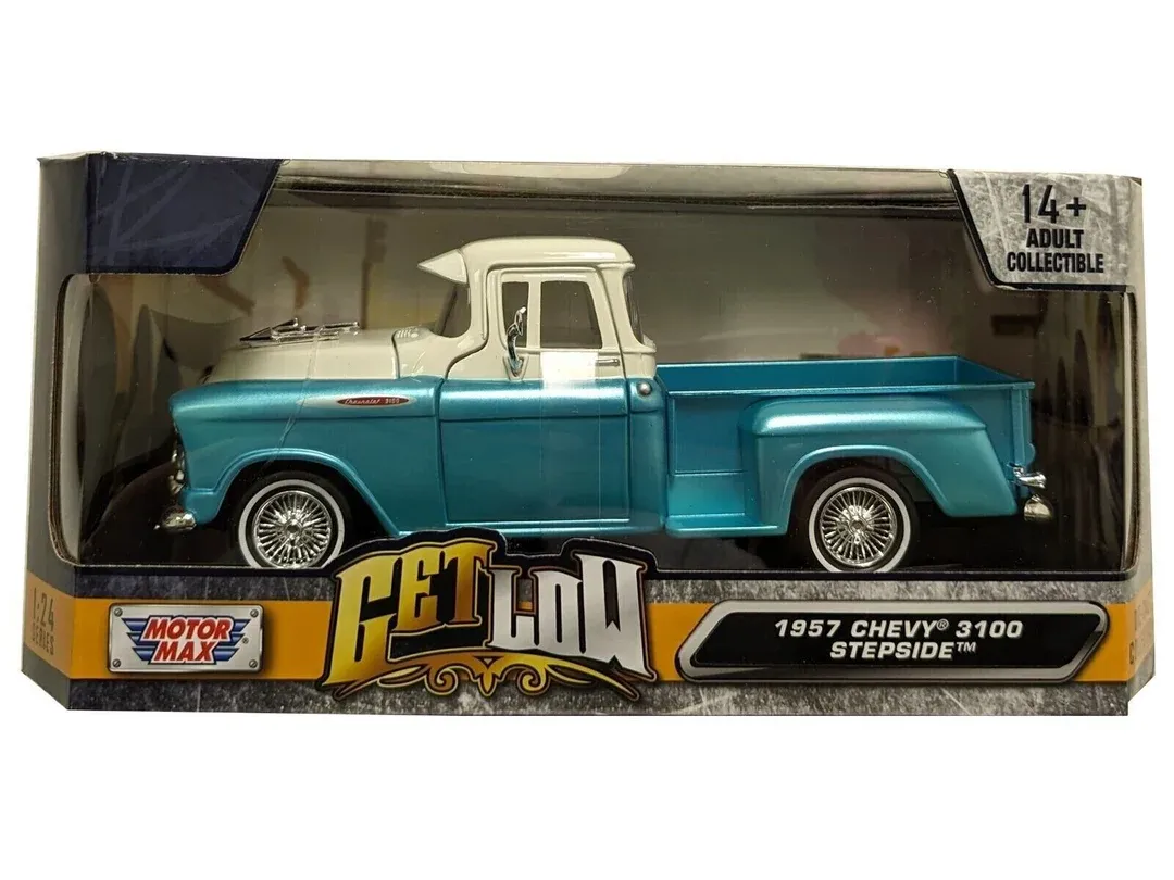 1957 Chevrolet 3100 Stepside Pickup Truck Lowrider Turquoise Metallic and White with White Interior Get Low Series 1/24 Diecast Model Car by Motormax