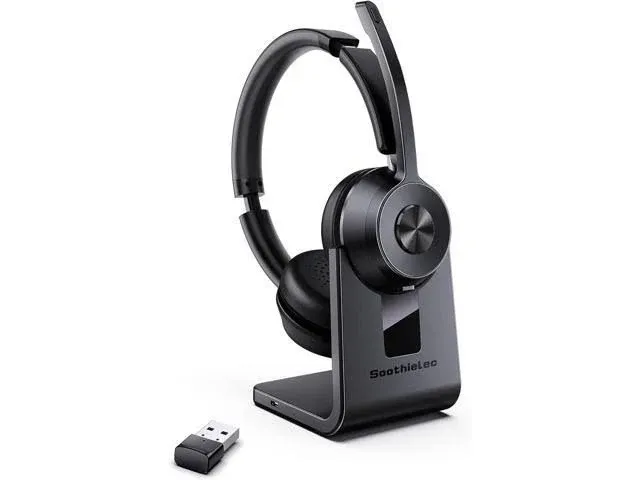 Bluetooth Headset V5.1, Wireless Headset with Noise Canceling Microphone, 40 Hrs Work Time Office Headset with Bluetooth Dongle & Charging Base, AptX HD On-Ear Headphones with Mute Button (Black)