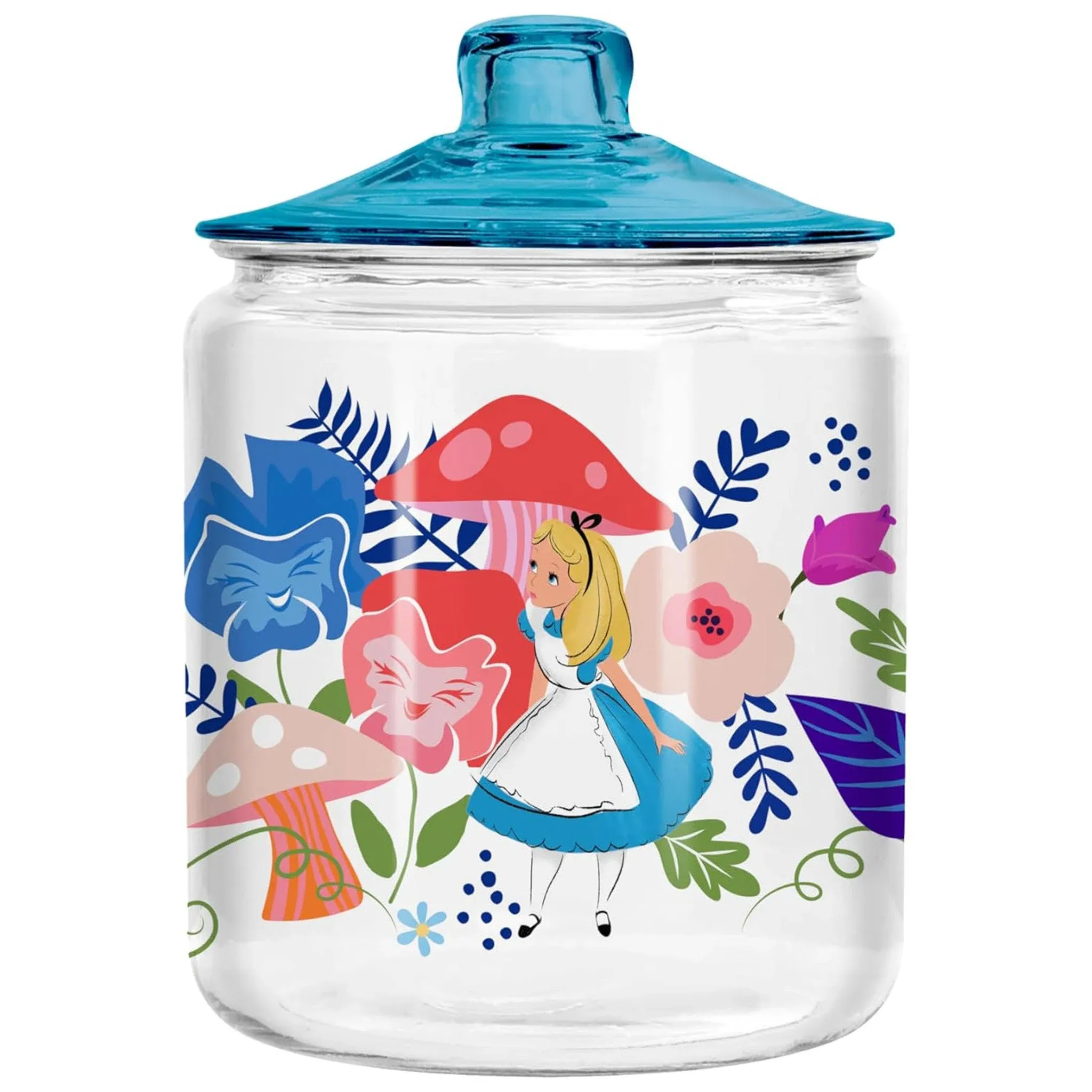 Silver Buffalo Disney Alice in Wonderland Flowers and Mushrooms Glass Cookie Snack Candy Jar with Lid (Small)