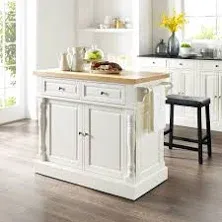 Crosley Furniture Oxford Butcher Block Kitchen Island, Coffee Bar, with a Set of 2 Upholstered Saddle Stools, White/Black