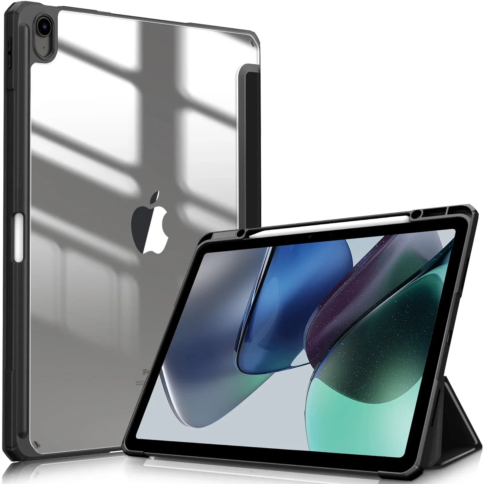 Fintie Hybrid Slim Case for iPad Air 13 inch (M2) 2024 - Shockproof Cover with Clear Back Shell & Pencil Holder, Black