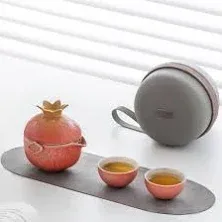 Pomegranate Shape Travel Teapot, Portable Ceramic Tea Set, 1 Pot 3 Mini Cups, 