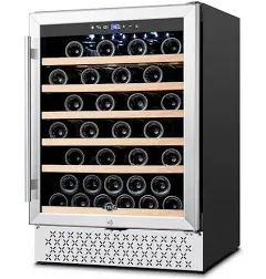 Tylza 24 Inch Wine Cooler Refrigerator 51 Bottle Built-in or Freestanding 24'' Fridge with Stainless Steel & Double Layer Tempered Glass Door and Temperature Memory Function