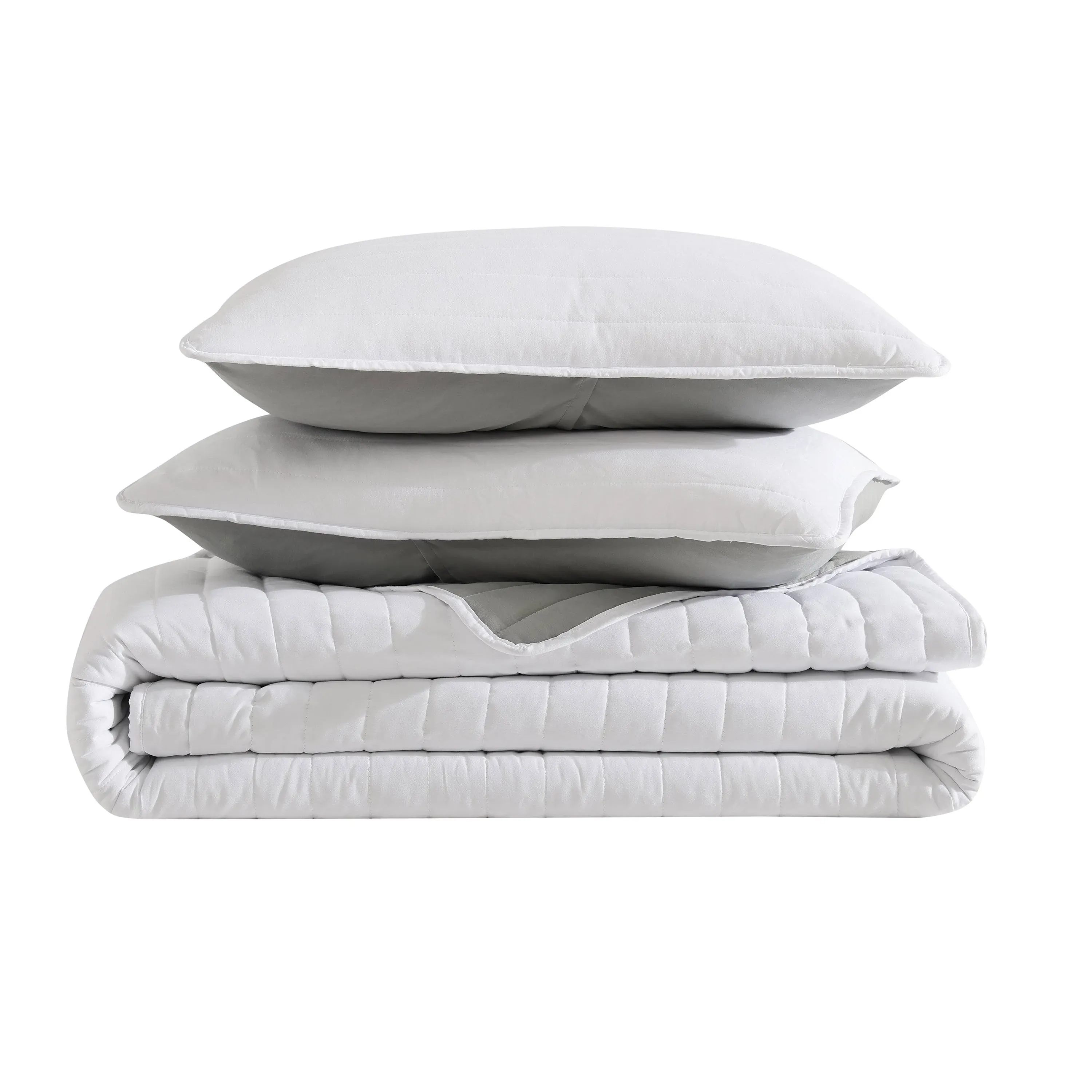 True Classics Microfiber Quilt Set - White/Grey - Full - Queen