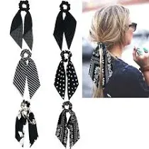 Black Scrunchies Hair Ties with Tails Long Bow Bowknot Ponytail Holder for Women and Girls (6PCS)