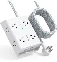 Surge Protector Power Strip - 15 Ft Flat Plug Extension Cord with 8 Widely Outlets and 4 USB Ports(1 USB C), 3 Side Outlet Extender for Home Office, White, ETL Listed