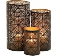 Metal Candle Holders set of 3 pieces - black/gold - round - abstract design