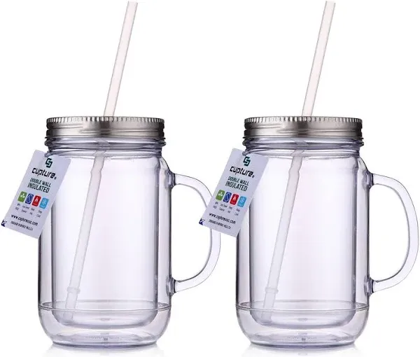 Cupture 2 Vintage Clear Mason Jar Tumbler Mug with Stainless Steel Lid and Straw - 20 oz