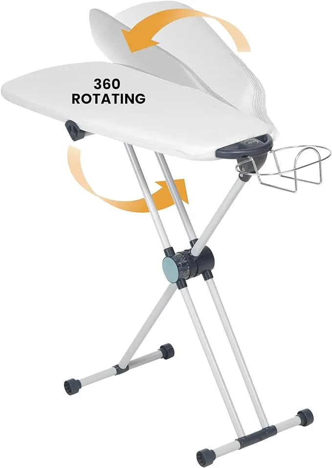 Dazzl 360-Degree Roto-Flip EZ20 Essential Ironing Board - Dual-Sided, Slim Iron Board Top with 8-Level Adjustable Height, Detachable Iron Holder, & Non-Slip Feet - HDPE Ironing Board Full Size