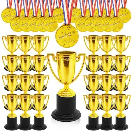 Fottaqqan 48PCS Mini Awards Trophies Cups Medals for ,4inch Plastic Golden Tr...