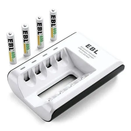 EBL Rechargeable Aaaa Batteries 4 Counts with Smart Battery Charger - 400mAh Aaaa Battery 1.2 Volts and Universal Battery Charger for AA AAA Aaaa Ni-