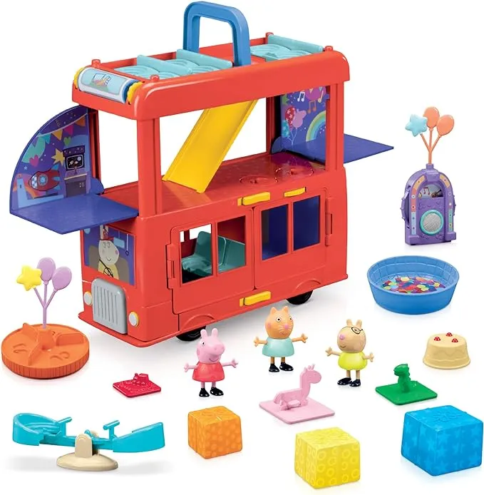 Peppa Pig 2-in-1 Party Bus Playset with 3 Figures and 13 Accessory Pieces, Preschool Toys for Girls and Boys, Kids Gifts, Ages 3+