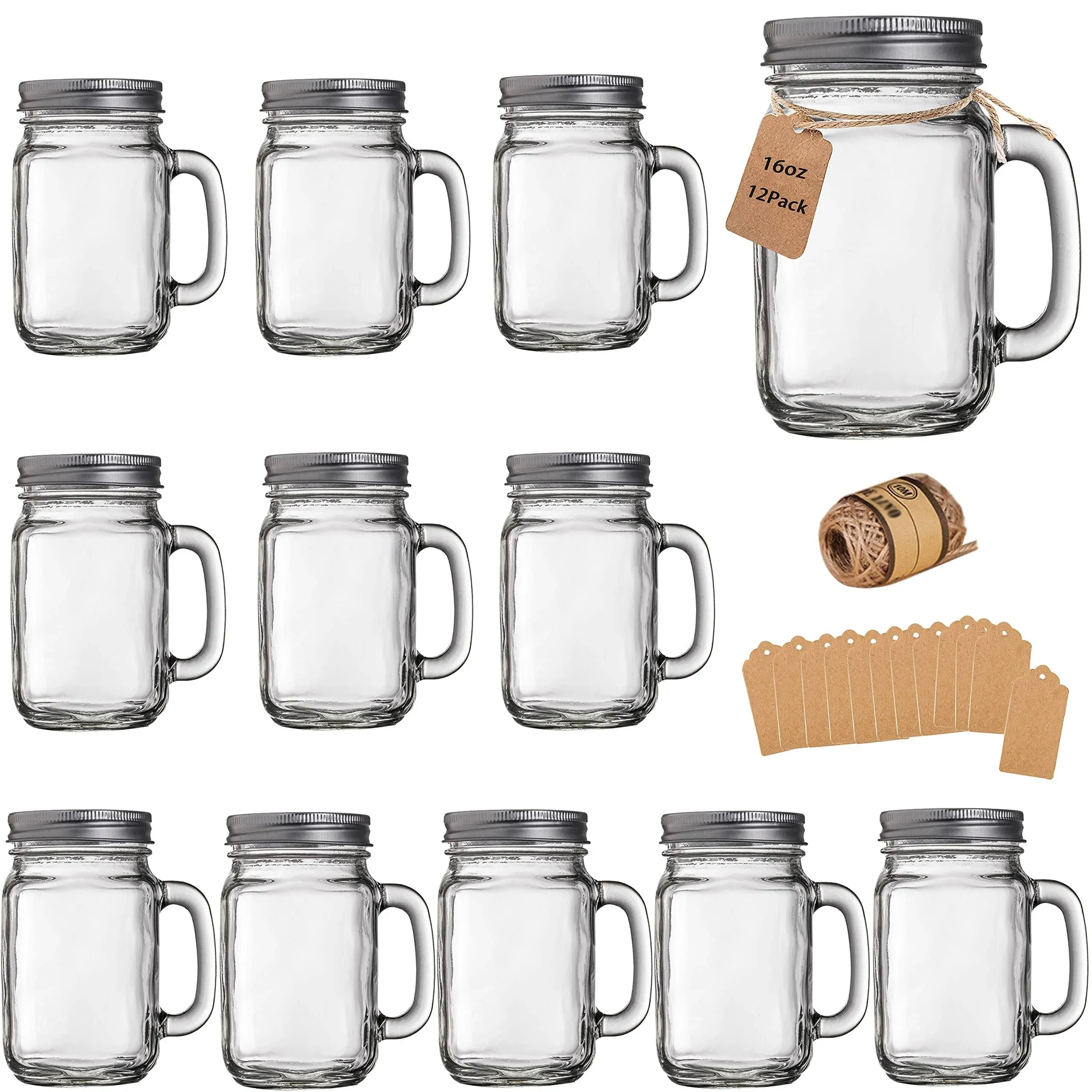 Mason Jar Cups with Handle and Lids - 16 oz Glass Mugs 12-Pack