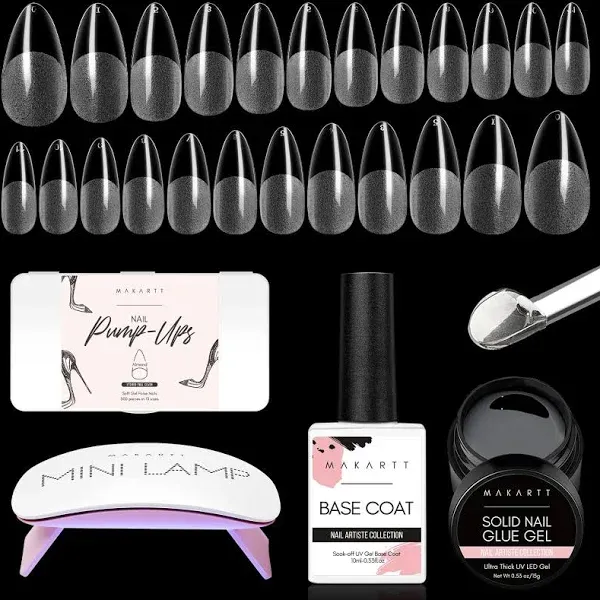 Makartt Nail Tips and Glue Gel kit, Solid Nail Glue Gel 15ML with 500pcs Almond Medium Pre-buffed Soft Gel Nails Tips Full Cover & Portable Mini Nail Lamp and Nail Gel Base Coat Nail Art DIY Manicure